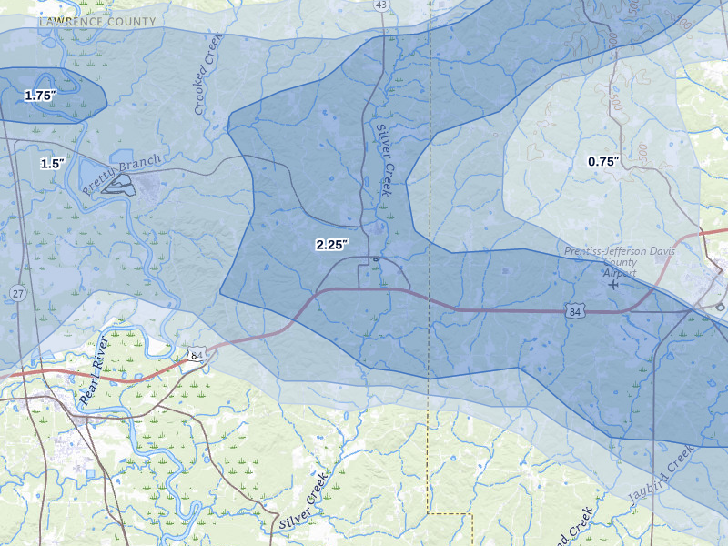 NEXRAD radar-signature map of the hail over Silver Creek, MS