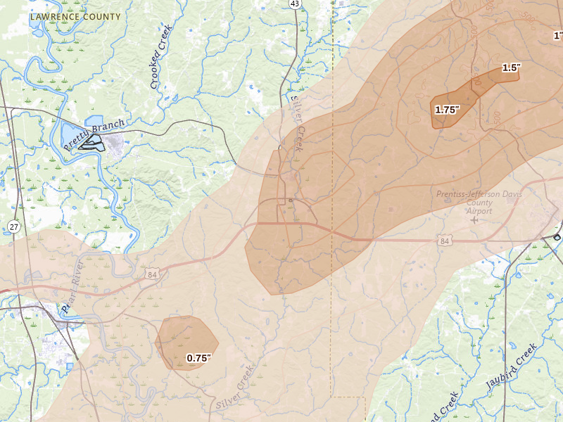 Radar-estimated hail-size map of the storm over Silver Creek, MS on May 6, 2026