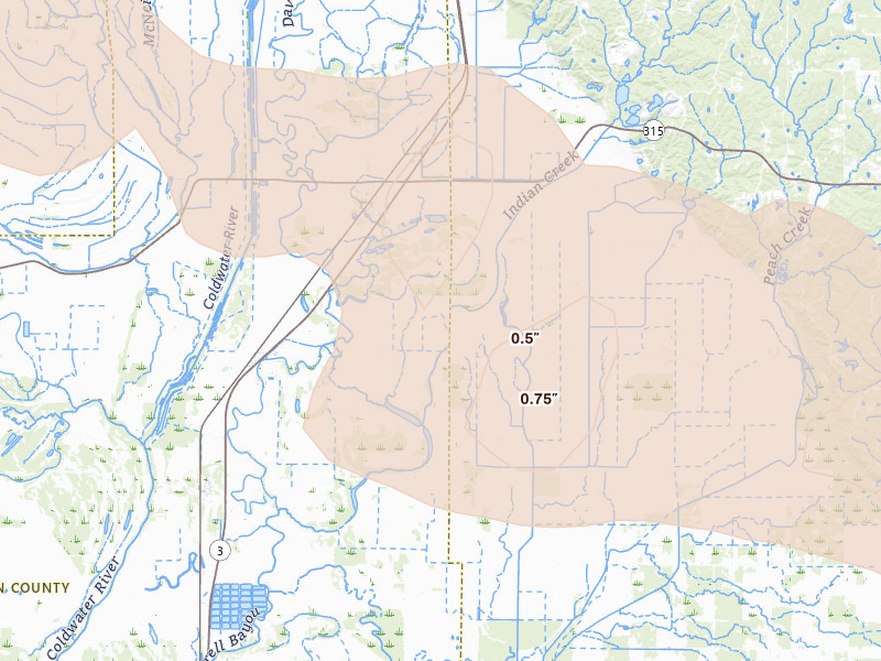 Radar-estimated hail-size map of the storm over Sledge, MS on Feb 26, 2026