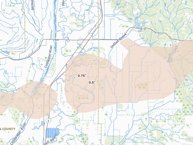 Radar-estimated hail-size map of the storm over Sledge, MS on Apr 28, 2026