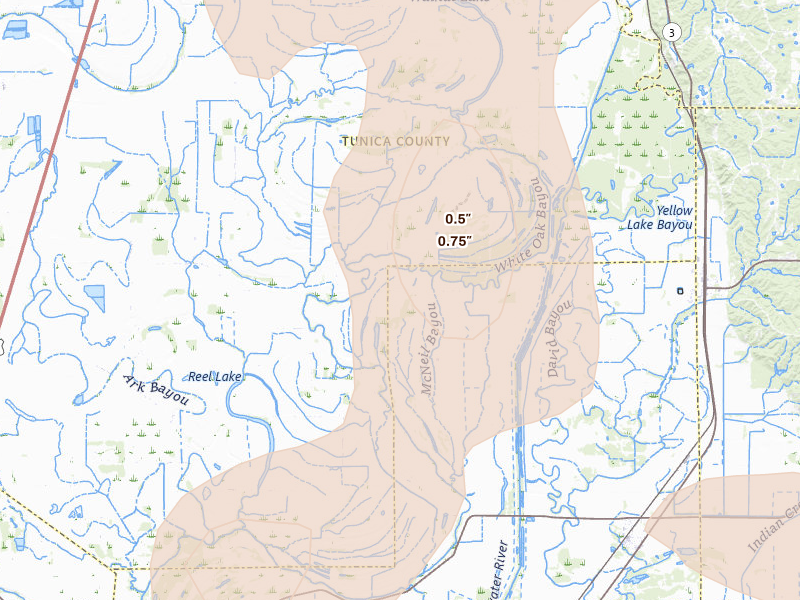 Radar-estimated hail-size map of the storm over Sledge, MS on Aug 20, 2026
