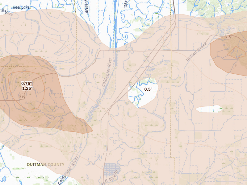 Radar-estimated hail-size map of the storm over Sledge, MS on Aug 22, 2026