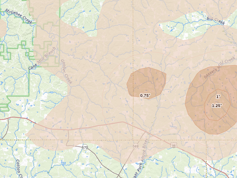 Radar-estimated hail-size map of the storm over Smithdale, MS on May 6, 2026