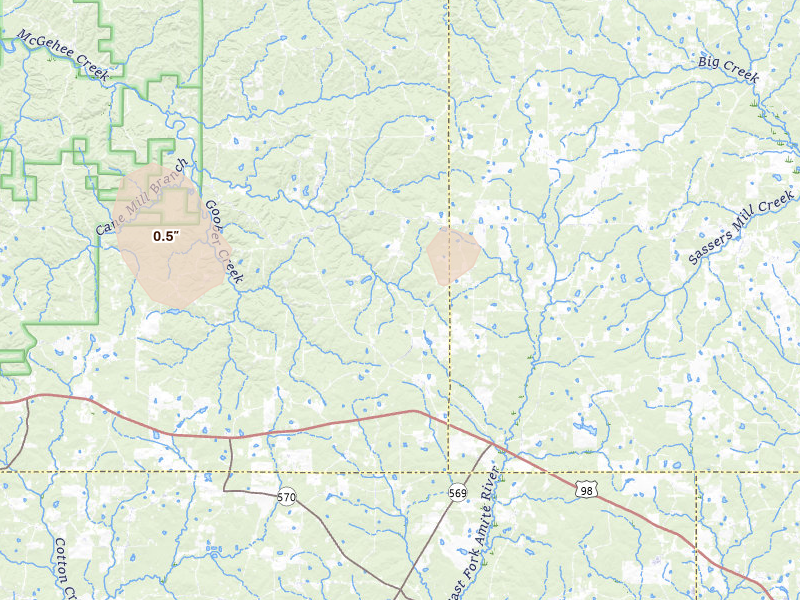 Radar-estimated hail-size map of the storm over Smithdale, MS on Jul 30, 2026