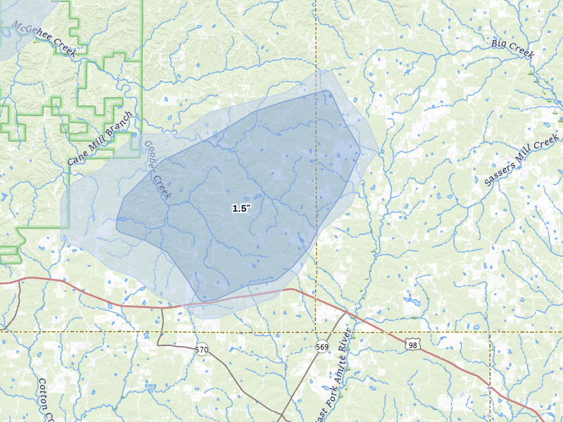 NEXRAD radar-signature map of the hail storm over Smithdale, MS on Jul 30, 2026