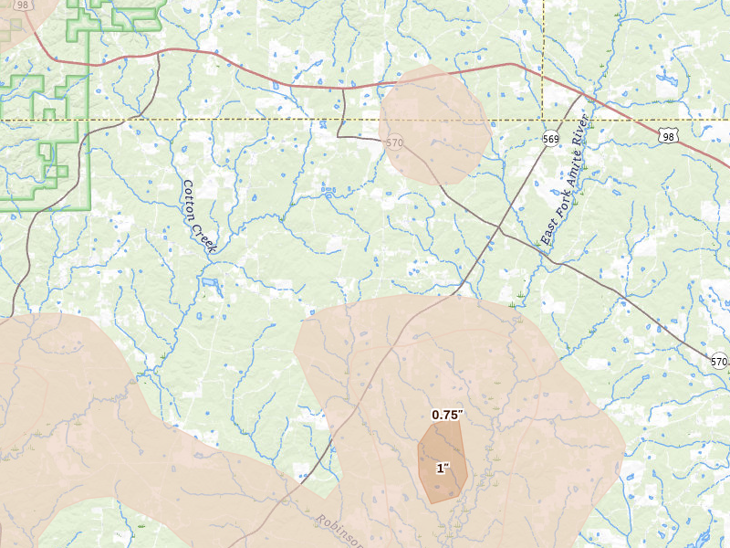 Radar-estimated hail-size map of the storm over Smithdale, MS on Aug 21, 2026