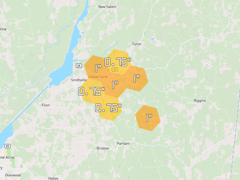 Hail map of Smithville, MS on Jul 3, 2026, hail up to 1"