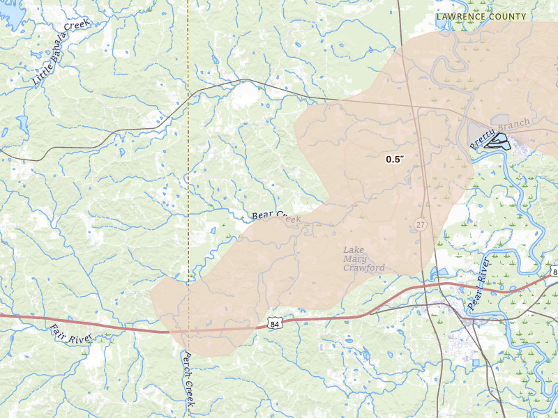 Radar-estimated hail-size map of the storm over Sontag, MS on Apr 24, 2026
