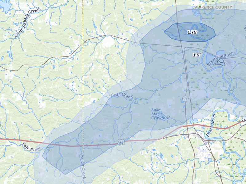 NEXRAD radar-signature map of the hail storm over Sontag, MS on Apr 24, 2026