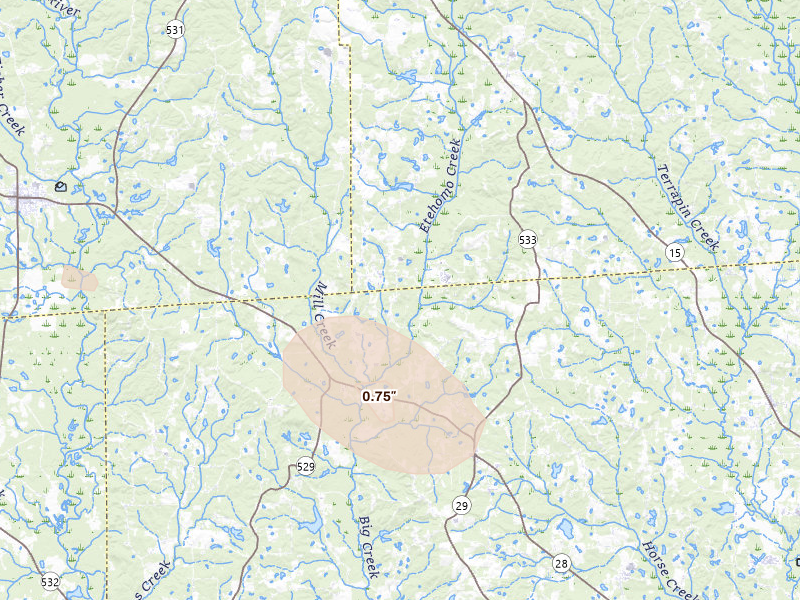 Radar-estimated hail-size map of the storm over Soso, MS on Apr 26, 2026