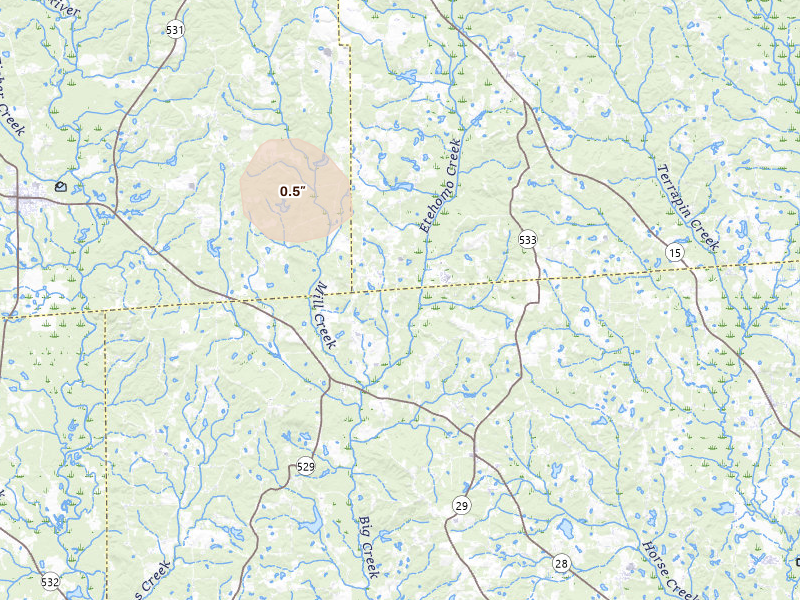 Radar-estimated hail-size map of the storm over Soso, MS on Aug 17, 2026