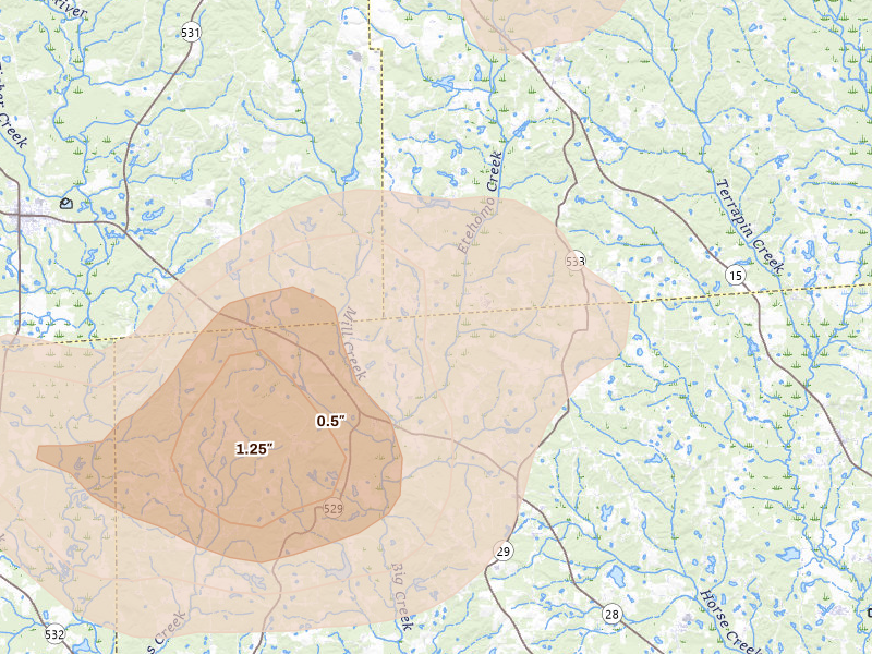 Radar-estimated hail-size map of the storm over Soso, MS on Aug 20, 2026