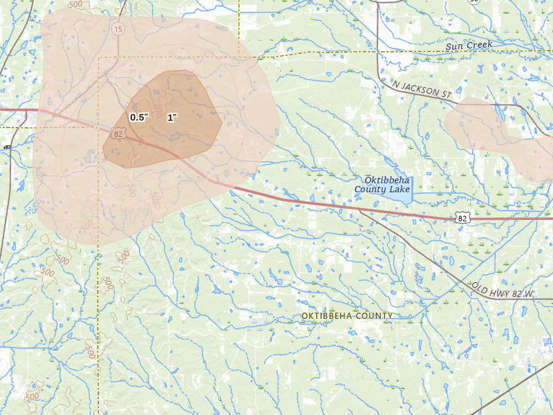Radar-estimated hail-size map of the storm over Starkville, MS on Jul 1, 2026