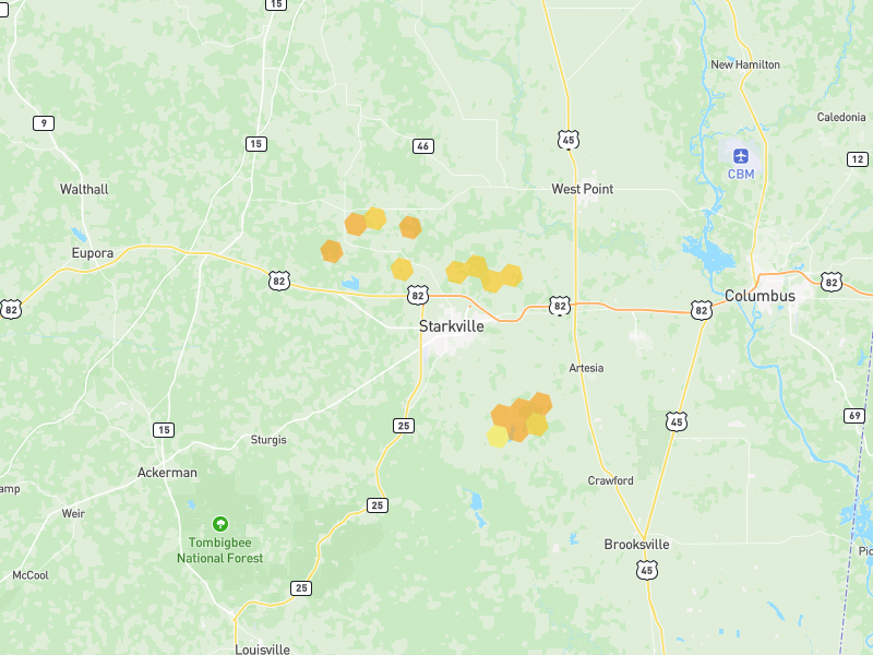 Hail map of Starkville, MS on Jul 1, 2026, hail up to 1.25"