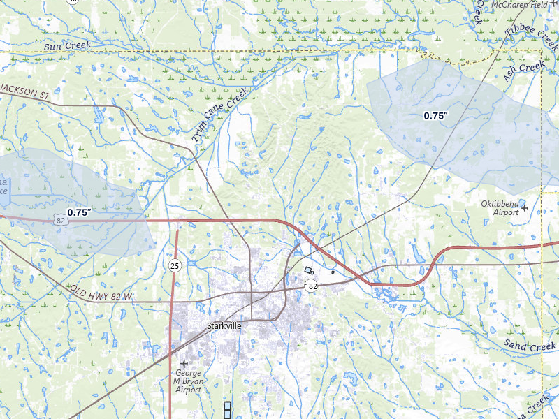 NEXRAD radar-signature map of the hail storm over Starkville, MS on Jul 31, 2026