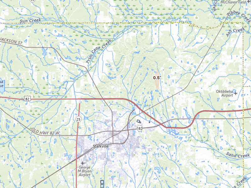 Radar-estimated hail-size map of the storm over Starkville, MS on Aug 1, 2026