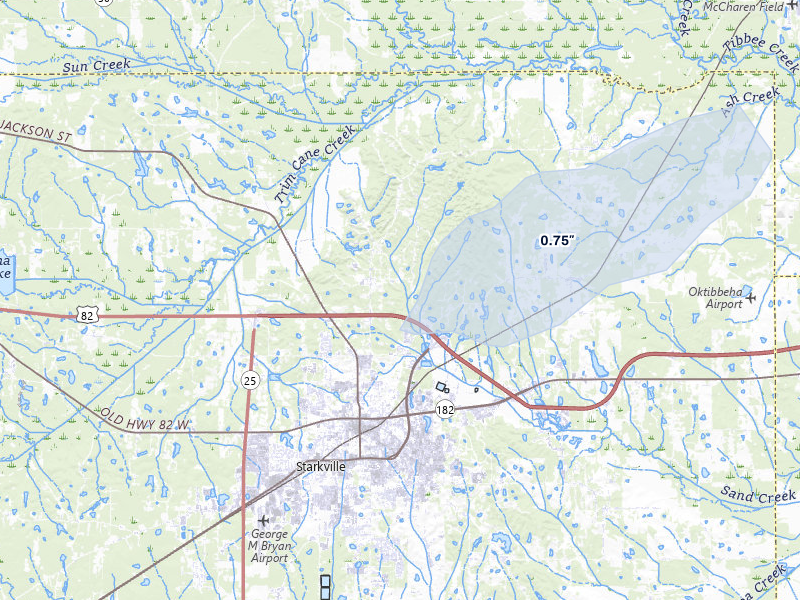 NEXRAD radar-signature map of the hail storm over Starkville, MS on Aug 1, 2026