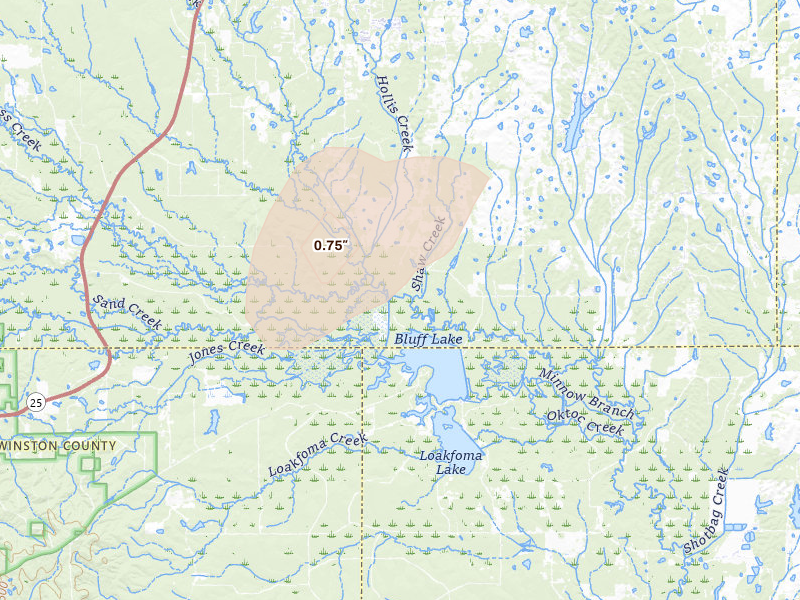 Radar-estimated hail-size map of the storm over Starkville, MS on Aug 7, 2026