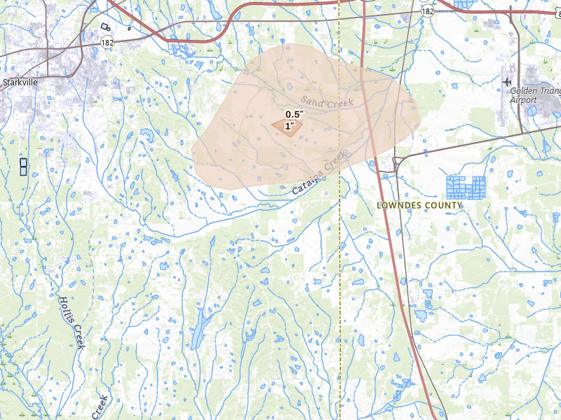 Radar-estimated hail-size map of the storm over Starkville, MS on Aug 10, 2026