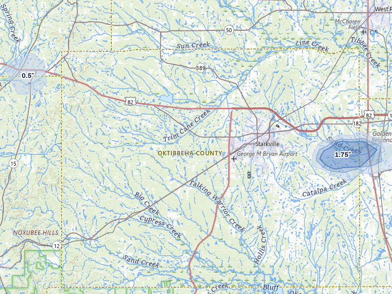 NEXRAD radar-signature map of the hail storm over Starkville, MS on Aug 10, 2026