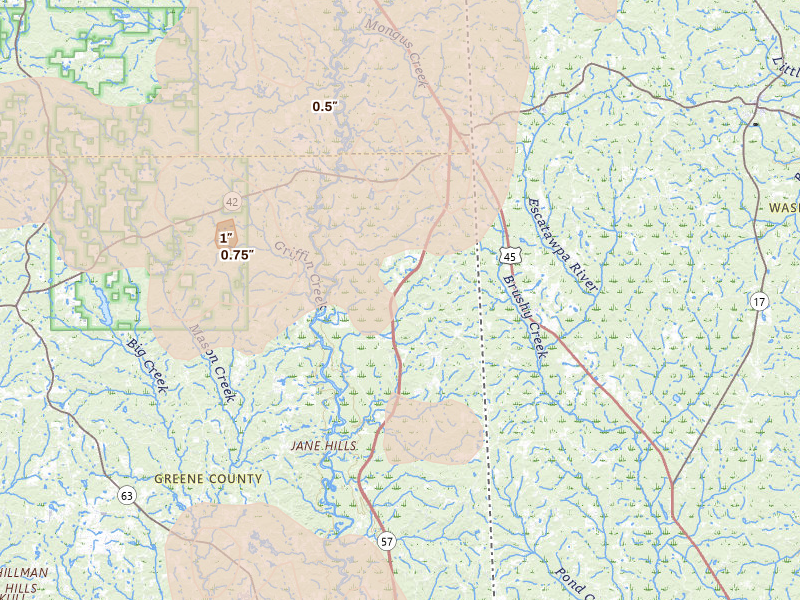 Radar-estimated hail-size map of the storm over State Line, MS on Apr 29, 2026