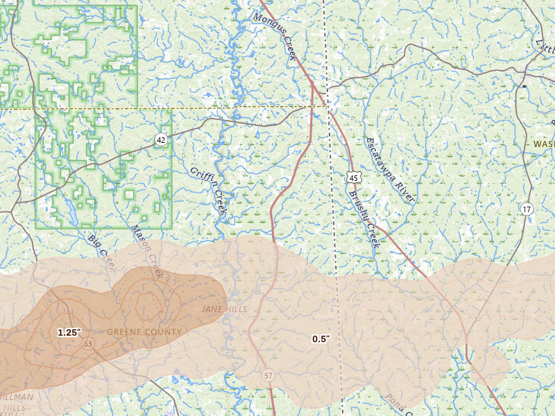 Radar-estimated hail-size map of the storm over State Line, MS on May 6, 2026