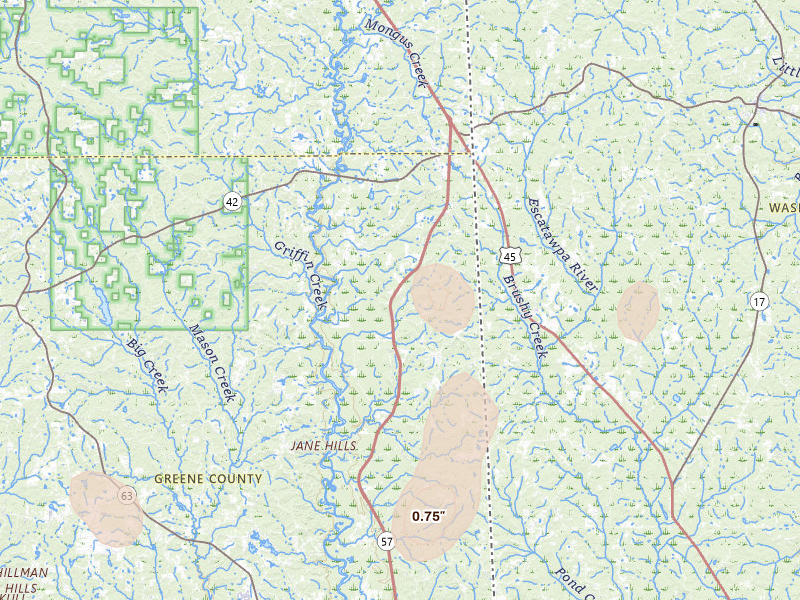 Radar-estimated hail-size map of the storm over State Line, MS on Jun 2, 2026