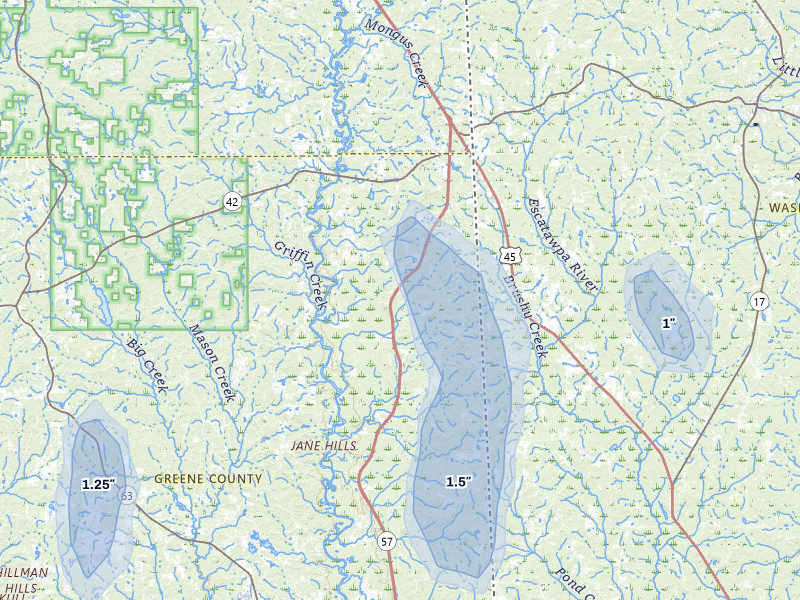 NEXRAD radar-signature map of the hail over State Line, MS