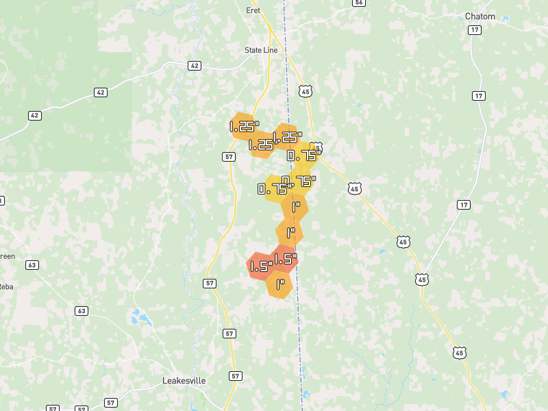 Hail map of State Line, MS on Jun 2, 2026, hail up to 1.5"