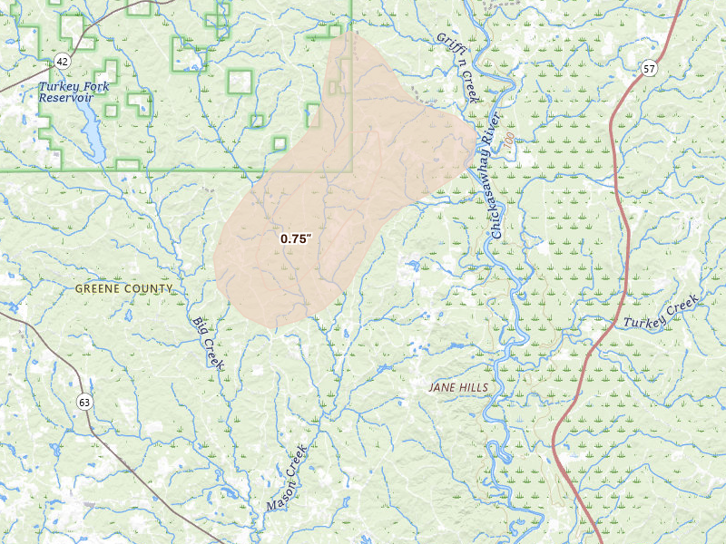 Radar-estimated hail-size map of the storm over State Line, MS on Aug 18, 2026