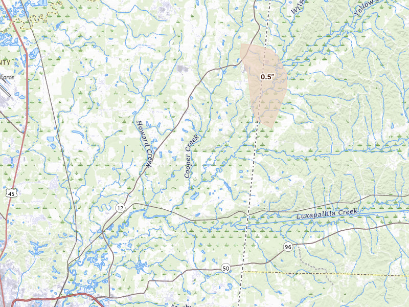 Radar-estimated hail-size map of the storm over Steens, MS on Aug 26, 2026