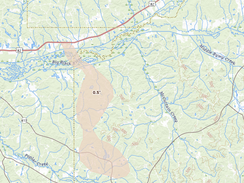 Radar-estimated hail-size map of the storm over Stewart, MS on Jul 2, 2026