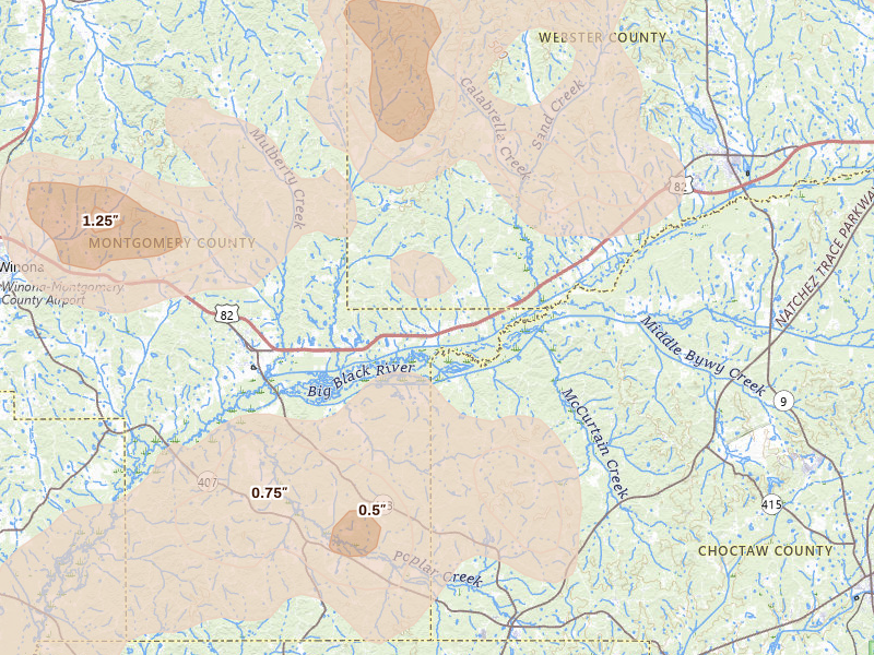 Radar-estimated hail-size map of the storm over Stewart, MS on Aug 20, 2026