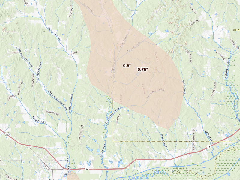 Radar-estimated hail-size map of the storm over Stewart, MS on Aug 26, 2026