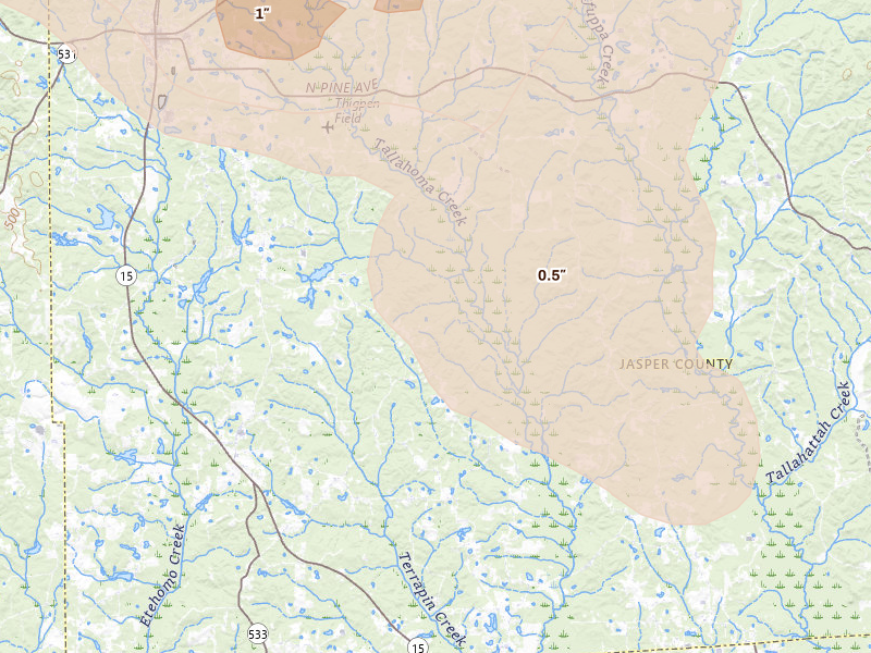 Radar-estimated hail-size map of the storm over Stringer, MS on Apr 24, 2026