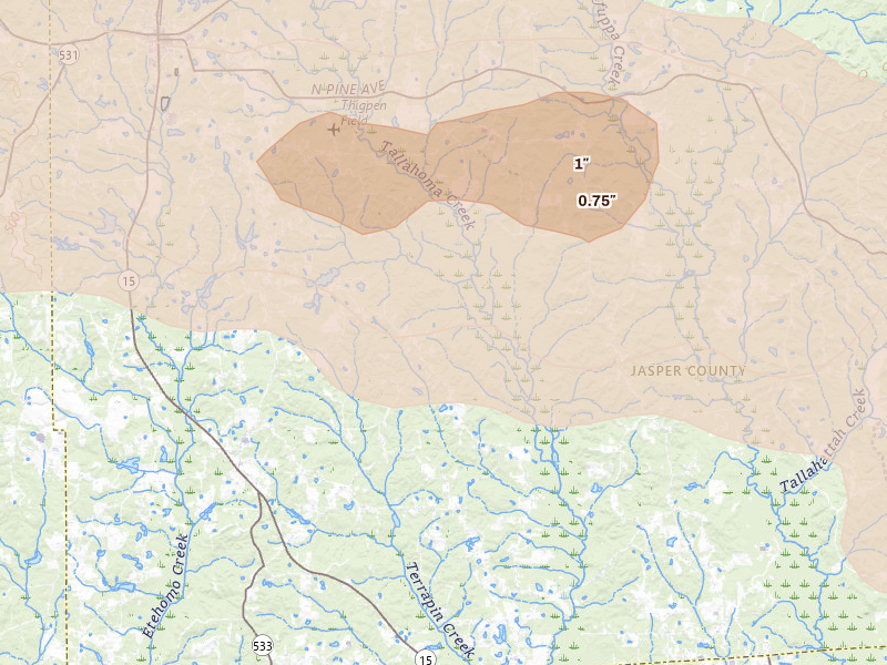 Radar-estimated hail-size map of the storm over Stringer, MS on Apr 29, 2026
