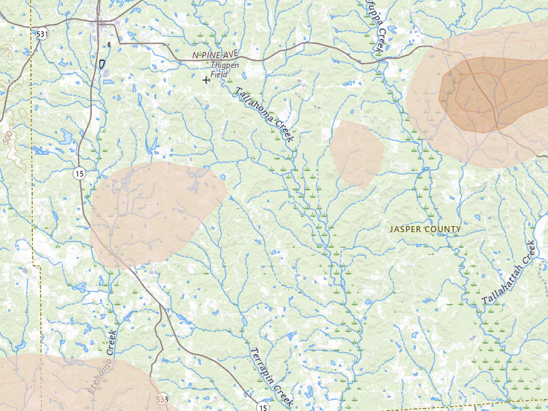 Radar-estimated hail-size map of the storm over Stringer, MS on Aug 20, 2026