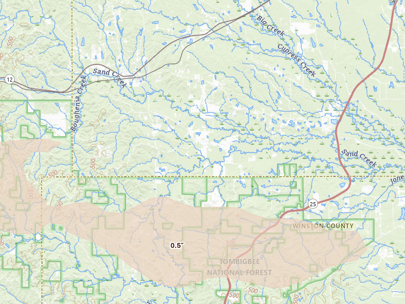 Radar-estimated hail-size map of the storm over Sturgis, MS on Apr 28, 2026