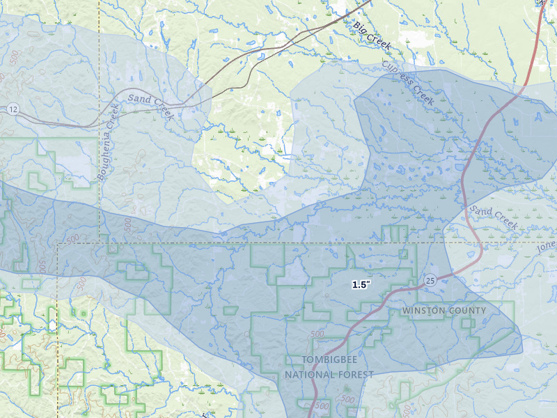 NEXRAD radar-signature map of the hail storm over Sturgis, MS on Apr 28, 2026