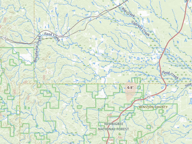 Radar-estimated hail-size map of the storm over Sturgis, MS on Jul 27, 2026