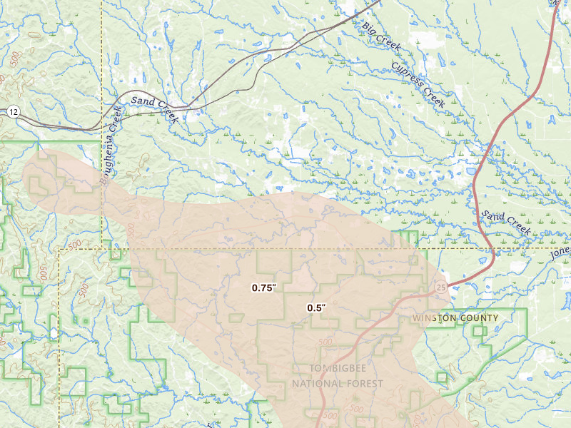 Radar-estimated hail-size map of the storm over Sturgis, MS on Aug 18, 2026