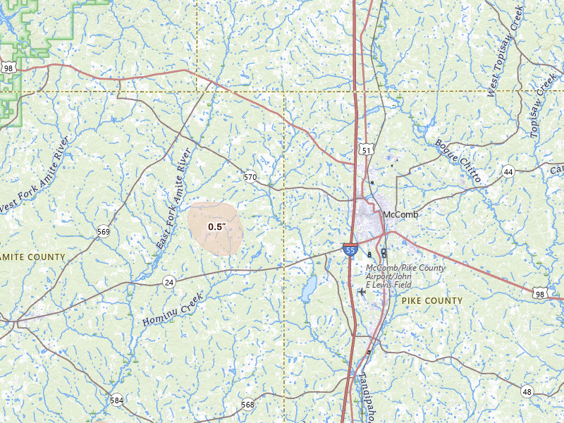 Radar-estimated hail-size map of the storm over Summit, MS on Apr 26, 2026