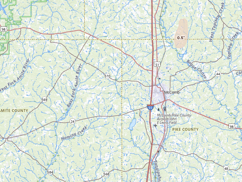 Radar-estimated hail-size map of the storm over Summit, MS on Jul 2, 2026