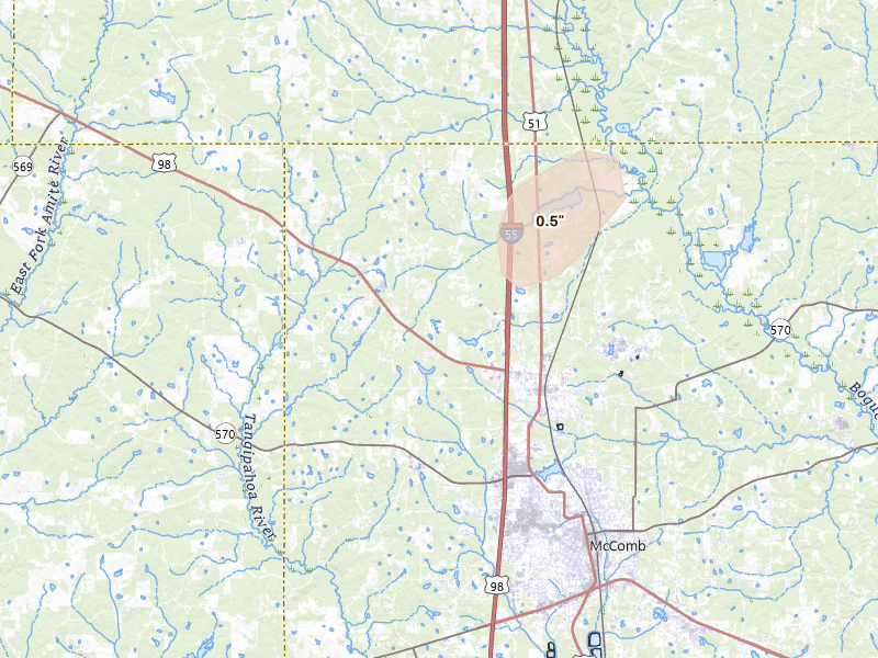 Radar-estimated hail-size map of the storm over Summit, MS on Aug 7, 2026