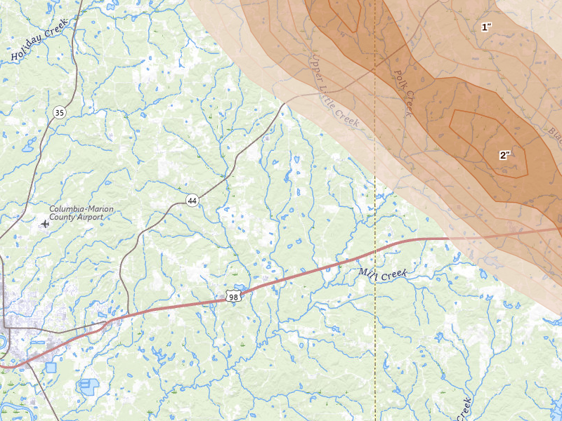Radar-estimated hail-size map of the storm over Sumrall, MS on Apr 24, 2026