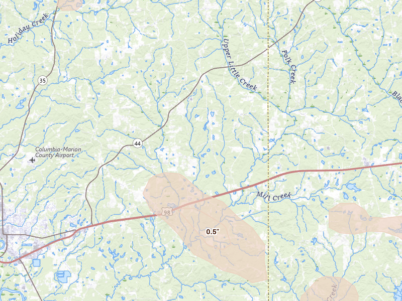 Radar-estimated hail-size map of the storm over Sumrall, MS on Apr 26, 2026