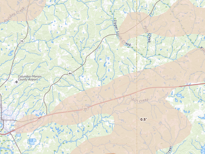 Radar-estimated hail-size map of the storm over Sumrall, MS on May 6, 2026