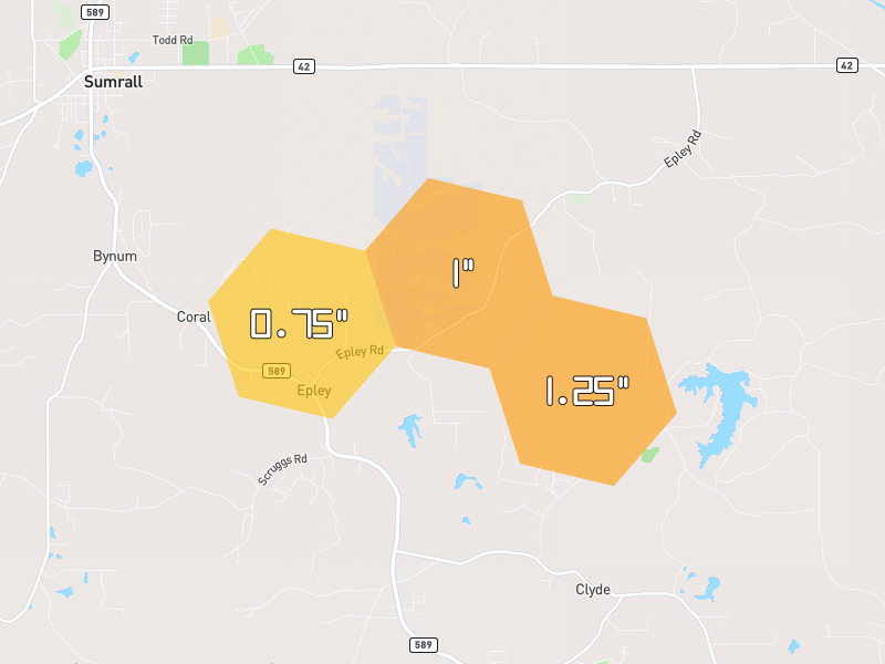 Hail map of Sumrall, MS on Jun 1, 2026, hail up to 1.25"