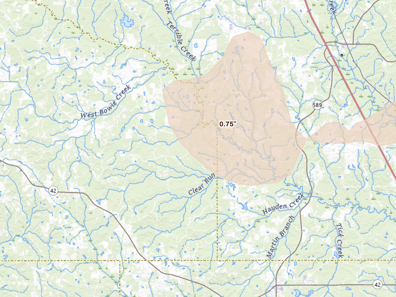 Radar-estimated hail-size map of the storm over Sumrall, MS on Jun 18, 2026
