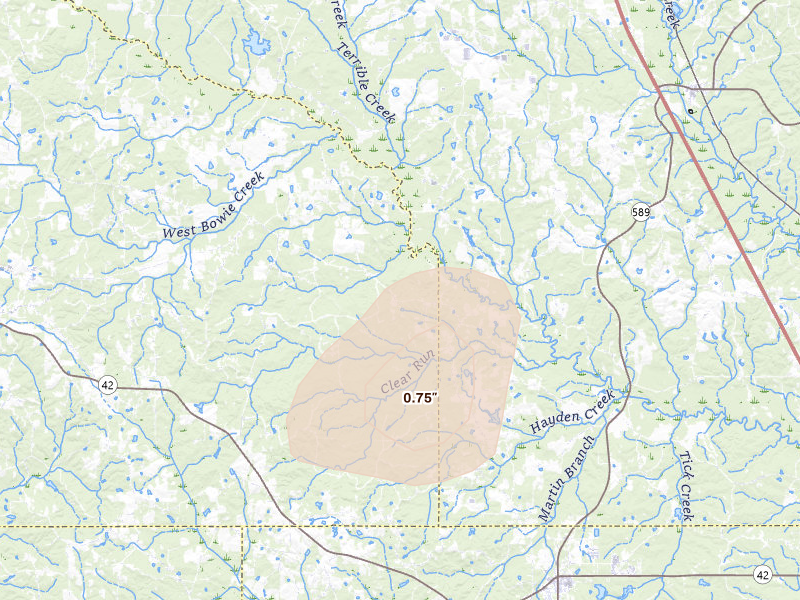 Radar-estimated hail-size map of the storm over Sumrall, MS on Jul 1, 2026